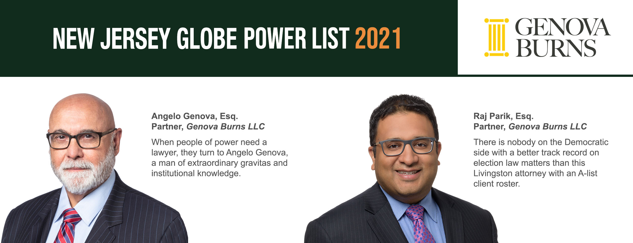 Angelo Genova and Rajiv Parikh Once Again Named to New Jersey Globe Annual Power List
